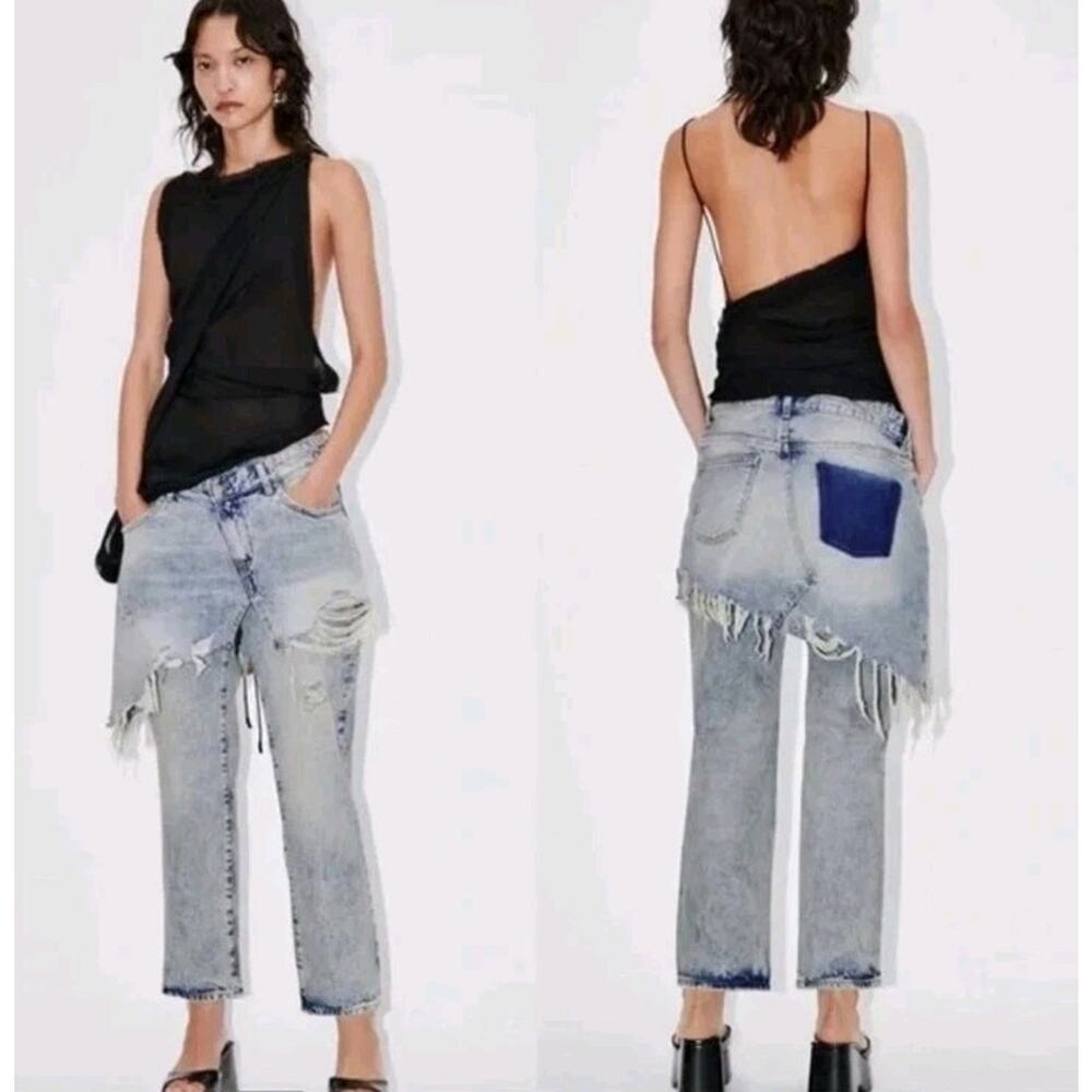Zara Light Wash Distressed Ankle Jeans with Dark Blue Patch